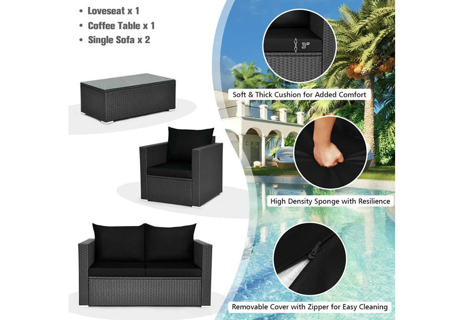 4-Piece Rattan Conversation Patio Set with Padded Cushion - Image 18