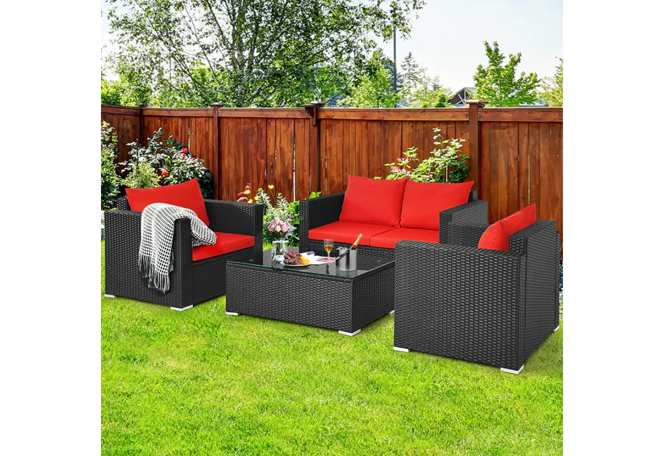 4-Piece Rattan Conversation Patio Set with Padded Cushion - Image 3